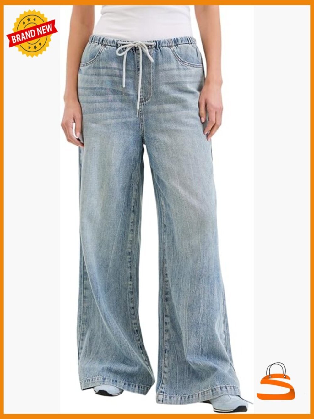 High Waisted Palazzo Featherweight Jeans with Drawcord